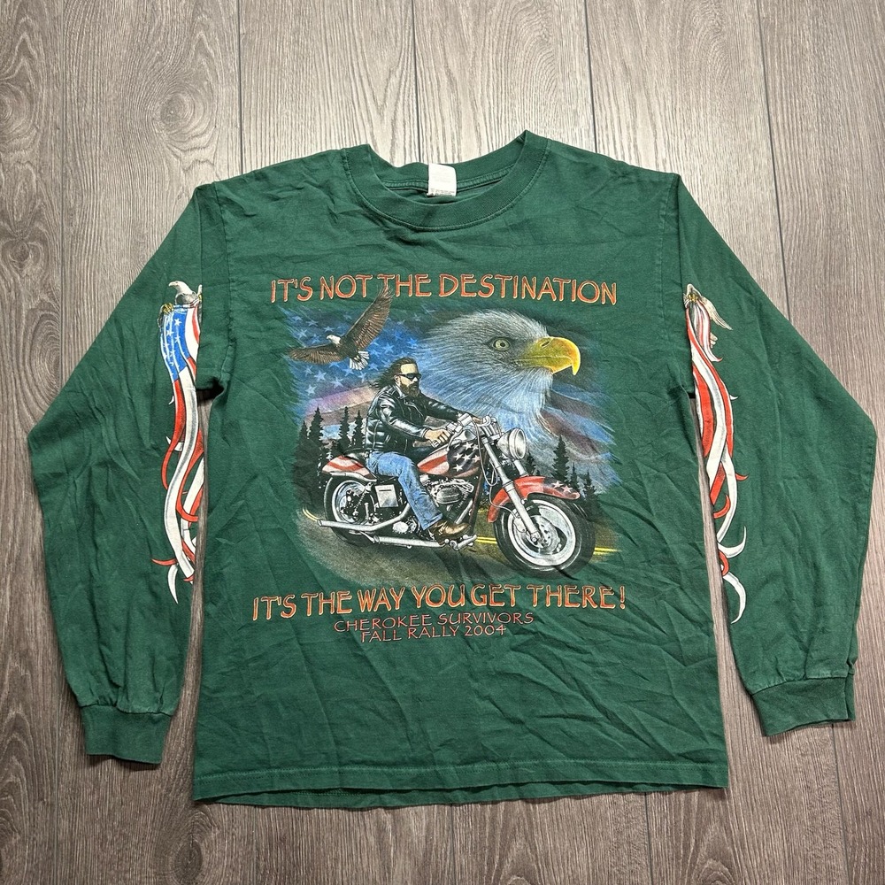 Vintage Cherokee Survivors Fall Rally Biker Flame Sleeve Shirt Mens Medium Green